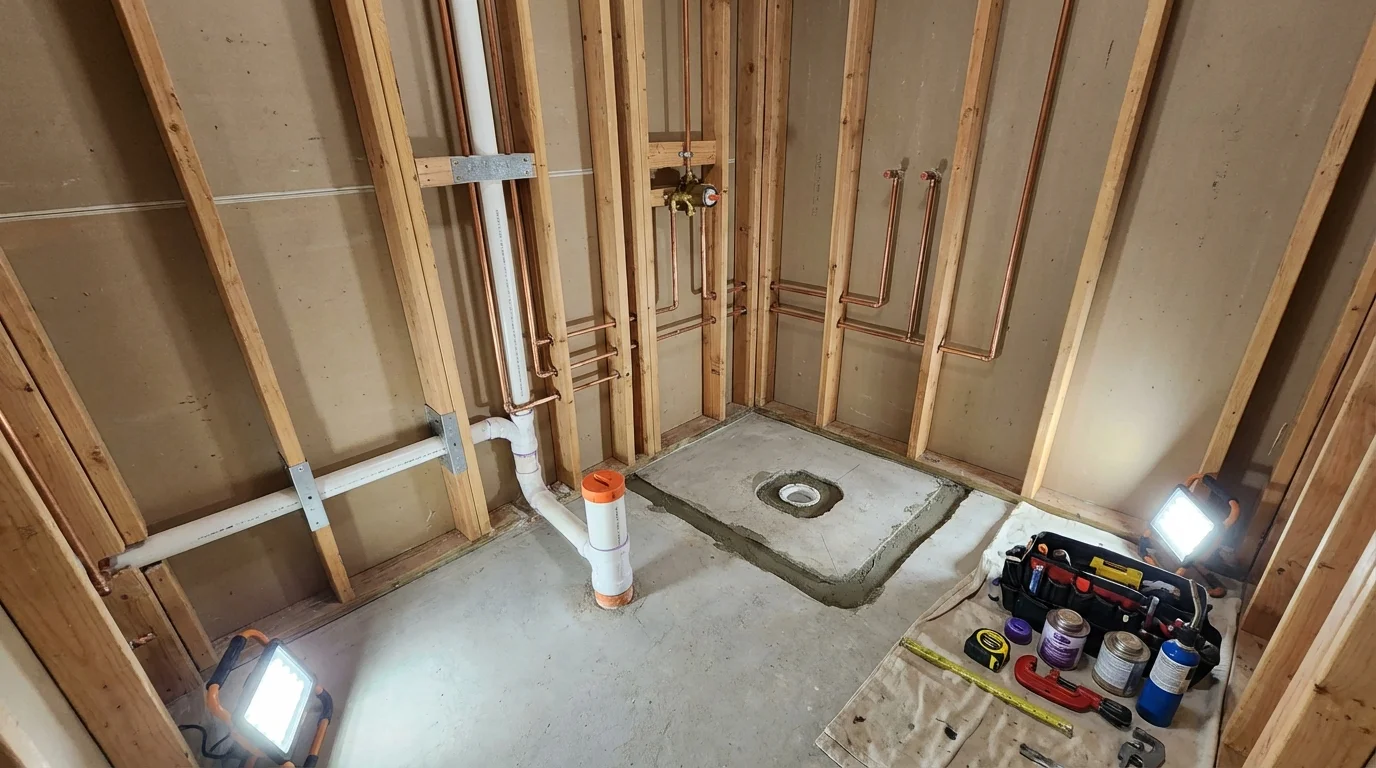 Bathroom rough-in plumbing during remodel by Johns Plumbing LLC in Madawaska