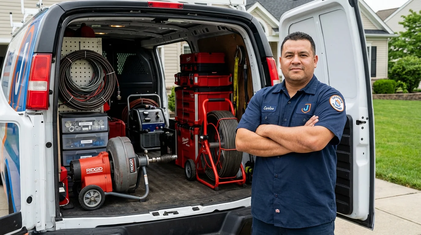 Professional drain cleaning equipment and Johns Plumbing LLC plumber in Madawaska