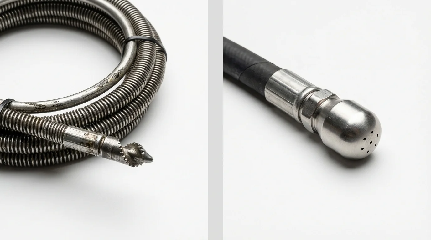 Drain snake cable and hydro jetting nozzle used for drain cleaning in Madawaska, ME