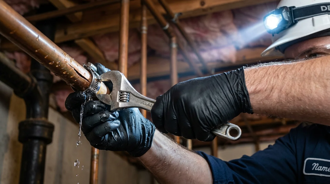 Emergency pipe clamp repair being performed by a Johns Plumbing LLC plumber in Madawaska
