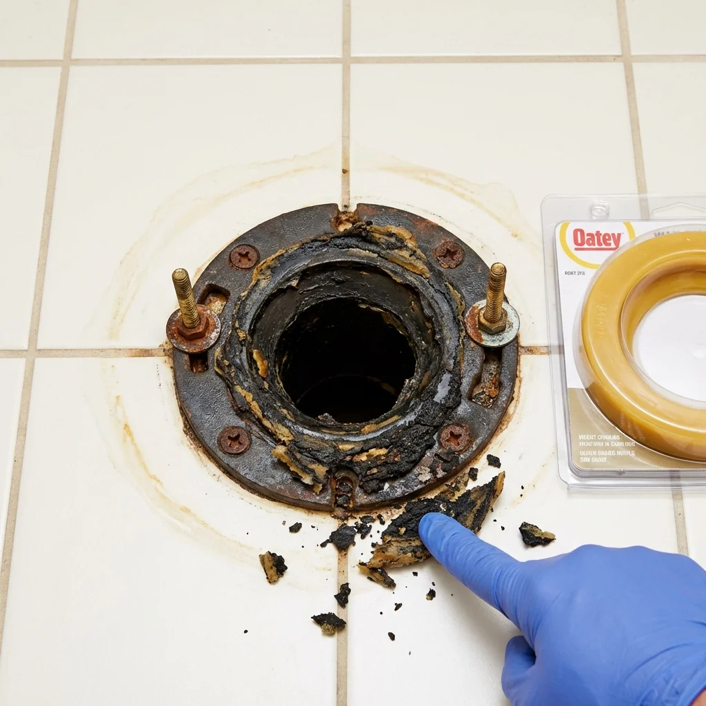 Failed wax ring showing water seepage at the base of a toilet in a Madawaska, ME home