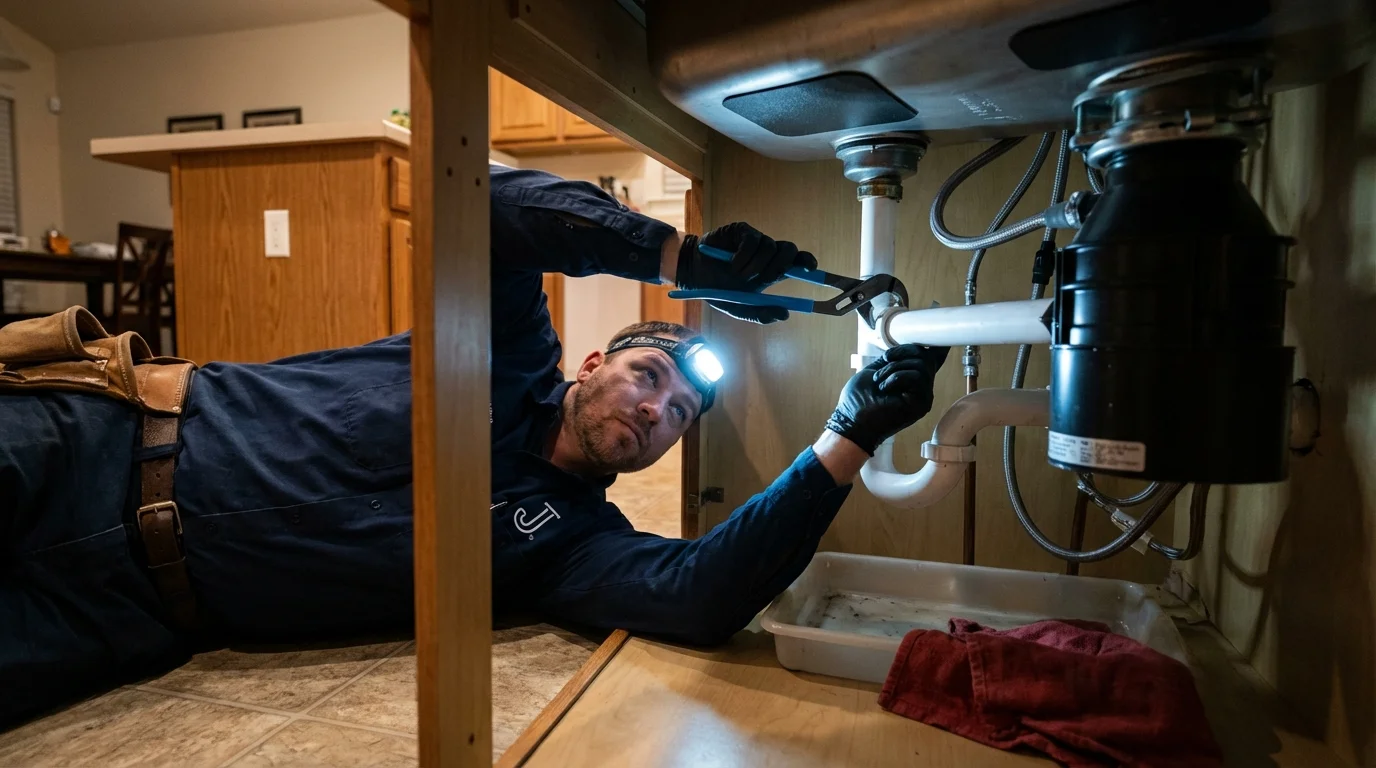 P-trap and supply line connections under a kitchen sink showing a common leak point in Madawaska, ME